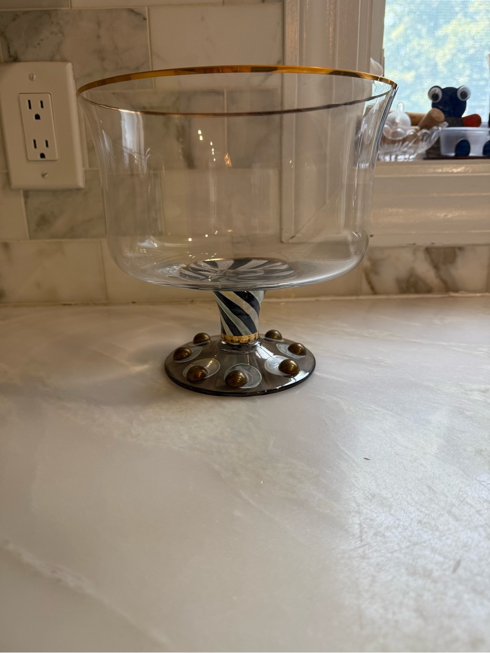 MacKenzie-Childs Glass Compote with Gold Rim and Black-White Striped Stem